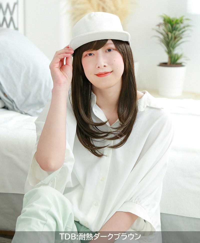 日本初の セミロング ストレート 帽子 ウィッグ ブラック