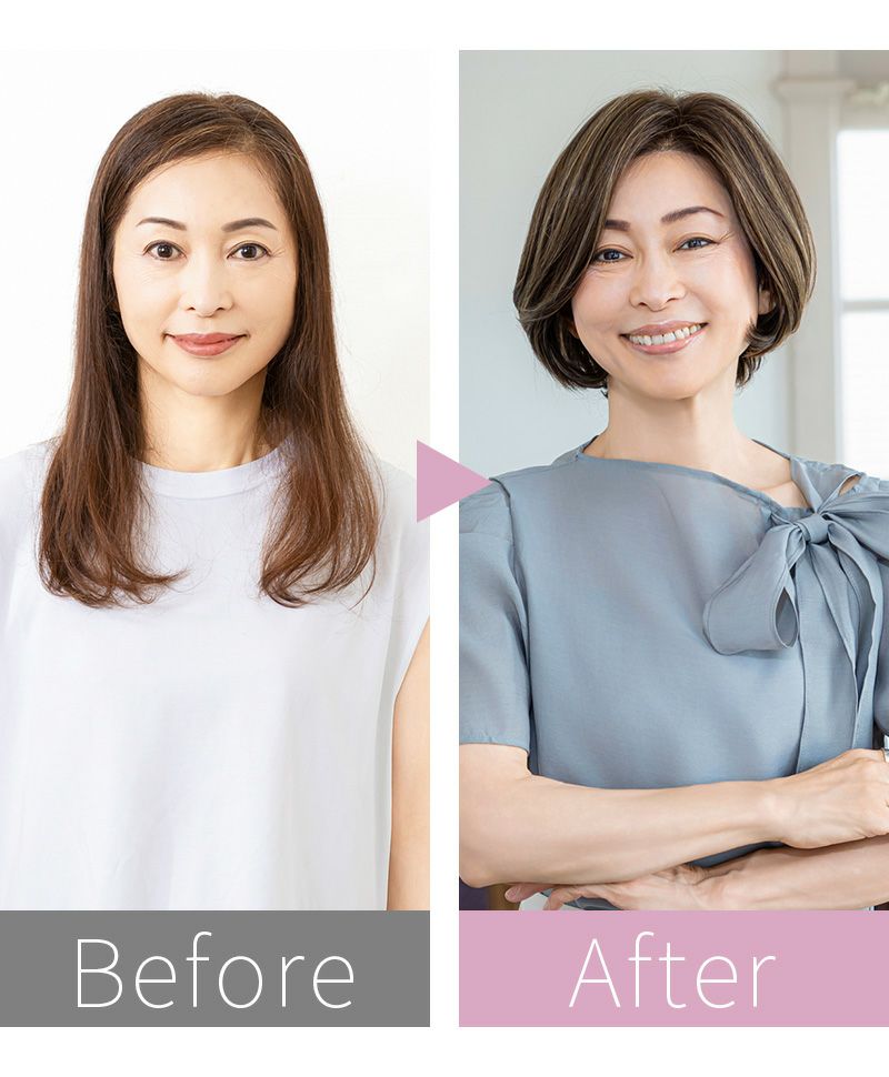 PRISILA Limi手植えオールウィッグ(人毛ミックス)【マノンワンレンボブ】LA-007 モデル画像 ミセスモデルBEFOREAFTER